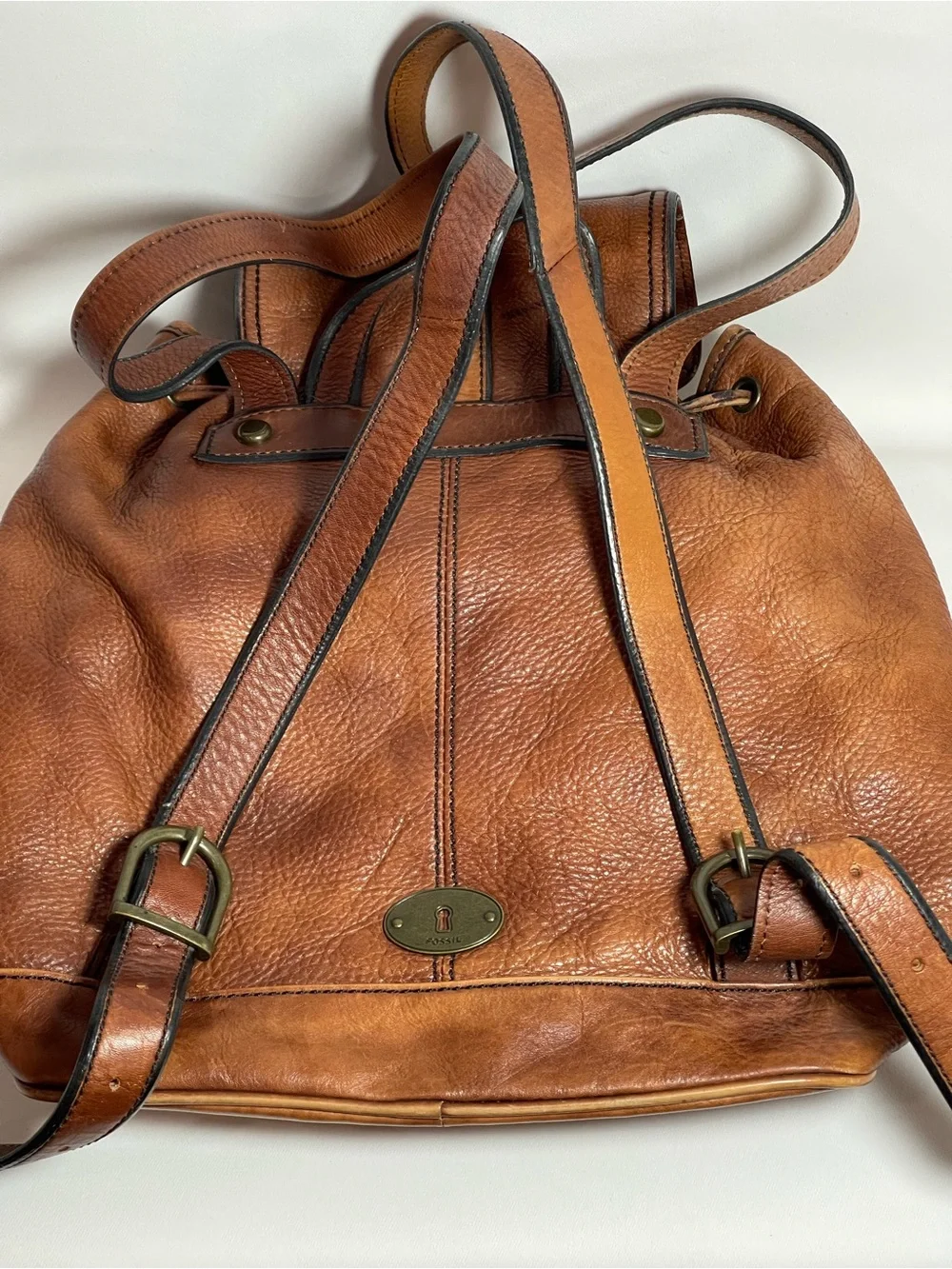 Vintage FOSSIL Cognac Brown Leather Drawstring Bucket Backpack Rucksack Bag